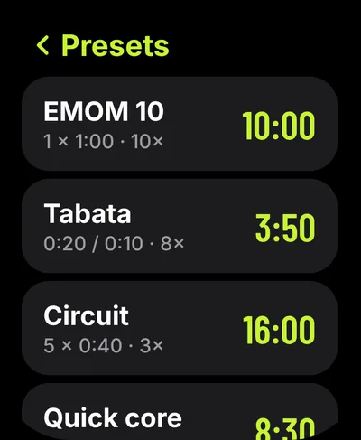 Apple Watch presets list: EMOM 10, Tabata, Circuit, Quick core