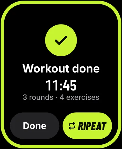 Apple Watch completed screen with the RIPEAT button